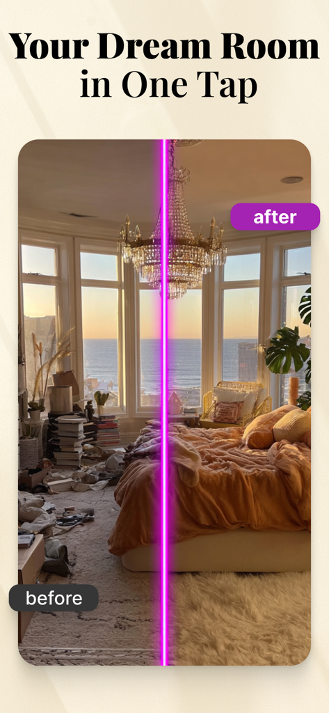 AI Home: Interior AI Design - Before and after comparison of a messy room transformed into a dream bedroom using AI