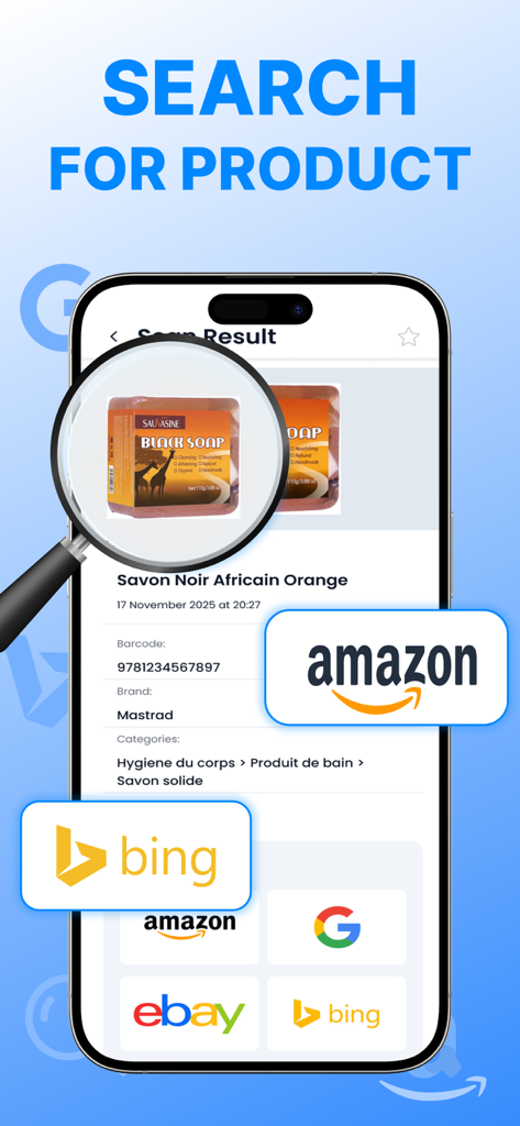 App interface showing product search results with price comparison links to Amazon eBay and Google