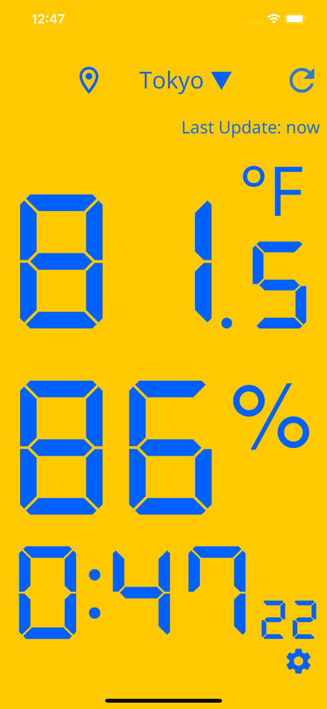 The Thermometer -Digital- - Digital thermometer and humidity meter interface with blue text on a yellow background showing outdoor conditions for Tokyo