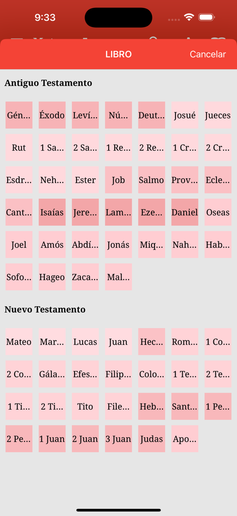 La Biblia de Estudio - Menú de selección de libros del Antiguo y Nuevo Testamento en español