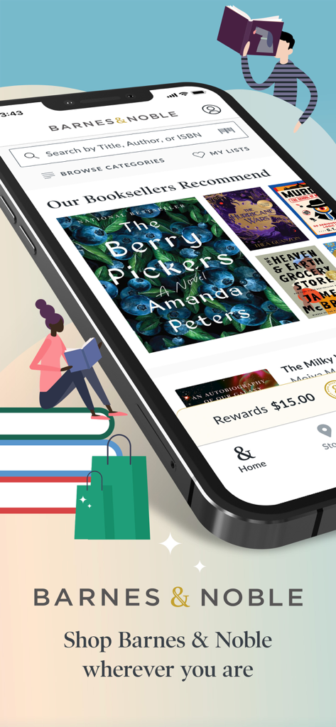 Barnes and Noble mobile app home screen showing curated book recommendations and member rewards