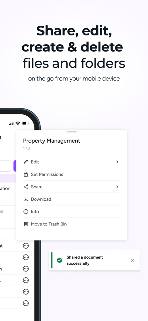 Drooms - Interface mobile de l'application Drooms montrant les options de gestion de fichiers et une notification de partage de documents réussi.