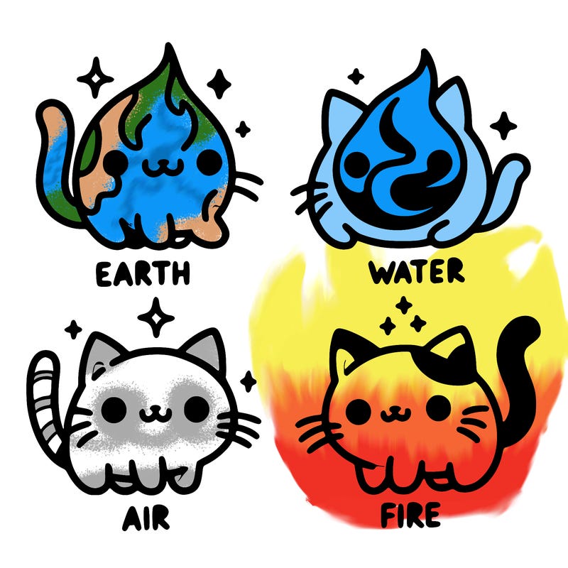 4 cats that represent the different elements, earth, water, air, and fire