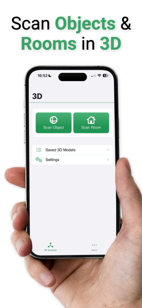 オブジェクトと部屋をスキャンするオプションが表示されている3Dスキャナーアプリのメインインターフェイスを示しているiPhoneを持っている手。