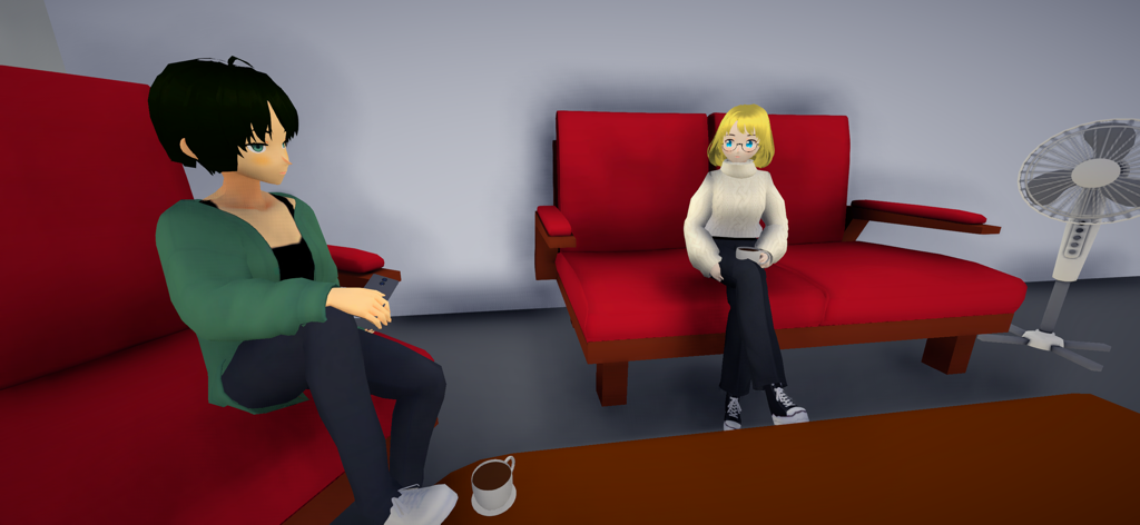Two anime style female characters sitting on red sofas and talking in a living room