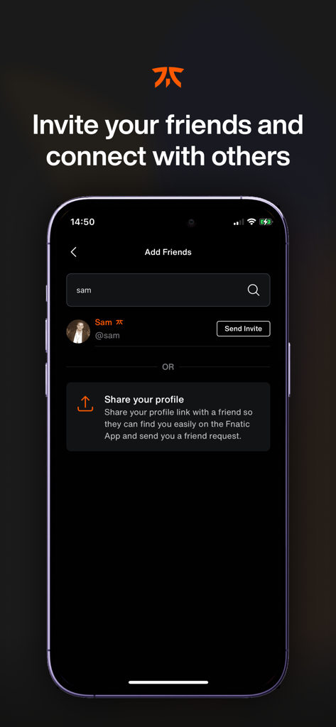 Interfaz de la aplicación Fnatic que muestra la pantalla de añadir amigos y conectar con otros.
