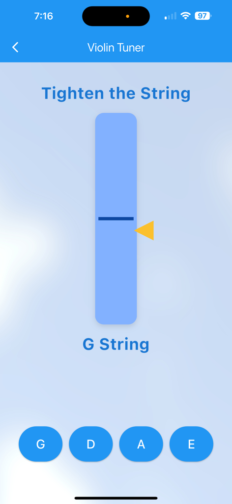 String Note Tutor - Una interfaz de afinador de violín dentro de la aplicación String Note Tutor que muestra retroalimentación para afinar la cuerda de Sol con la instrucción de apretar la cuerda.