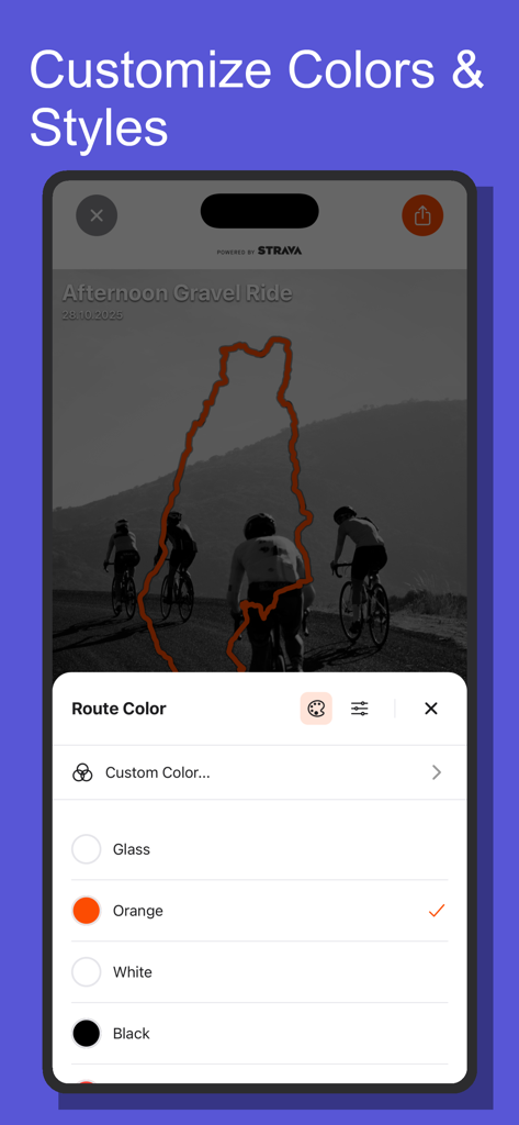 routeart app - La interfaz de la app routeart que muestra opciones de personalización de color para una ruta GPS superpuesta en una foto de actividad de ciclismo.