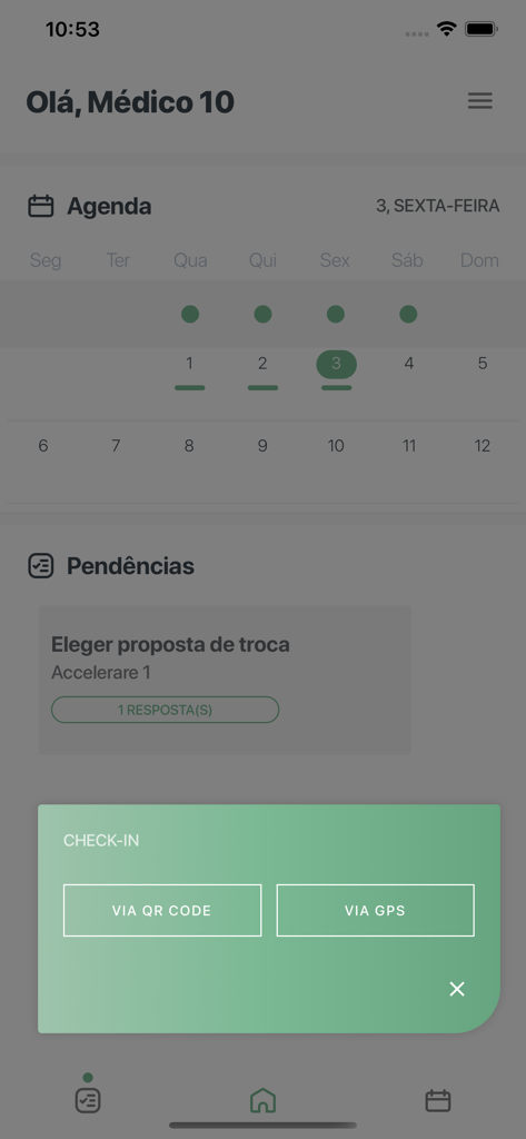 DoctorID App Benutzeroberfläche, die einen medizinischen Dienstplan und ein Check-in-Fenster mit QR-Code- und GPS-Optionen anzeigt