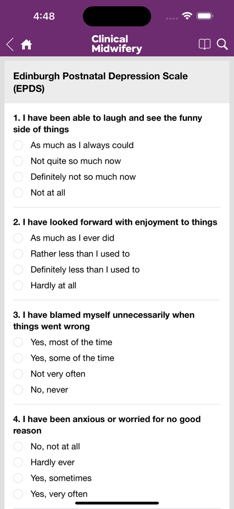 Guide to Clinical Midwifery - Edinburgh Postnatal Depression Scale screening screen in the Clinical Midwifery app