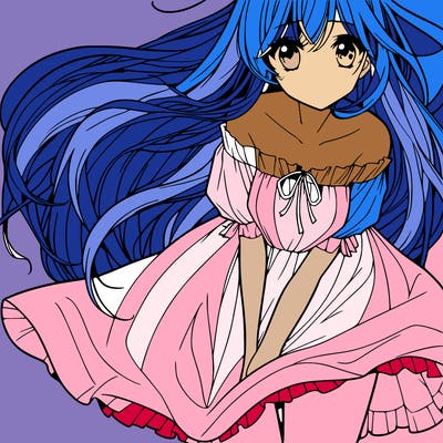 manga girl with long flowing hair and a dress that is pushed down