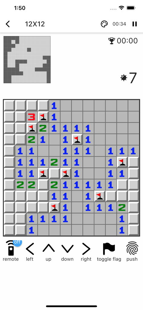 Minesweeper - Classical Game - Minesweeper gameplay on a 12x12 grid with flags and navigation buttons