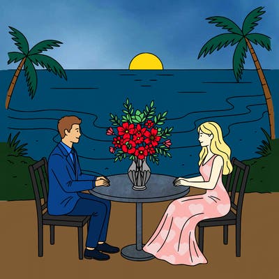 realistic couple going out for dinner with flowers on the table by a beach