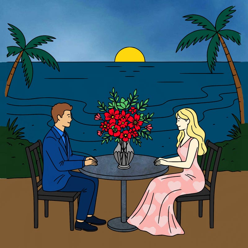 realistic couple going out for dinner with flowers on the table by a beach