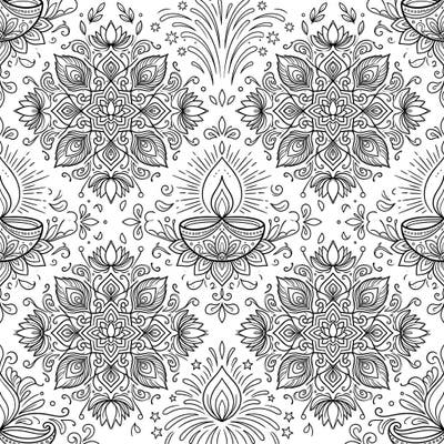 Immerse yourself in the festive spirit of Diwali with this beautiful seamless pattern coloring page. Featuring traditional motifs like radiant diyas, intricate mandalas, and festive fireworks, it offers endless creative possibilities.
