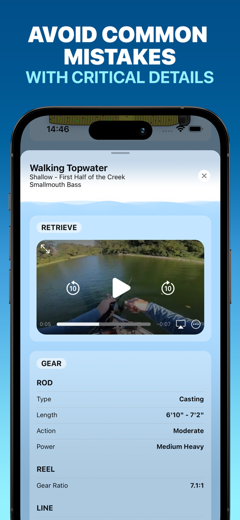 Deep Dive app interface showing professional fishing gear specifications and retrieve tips for bass fishing