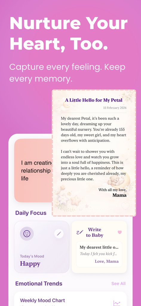 Pregnancy Food: PregnancyPlate - 기분 추적 및 아기에 대한 일기 항목을 보여주는 PregnancyPlate 앱 인터페이스