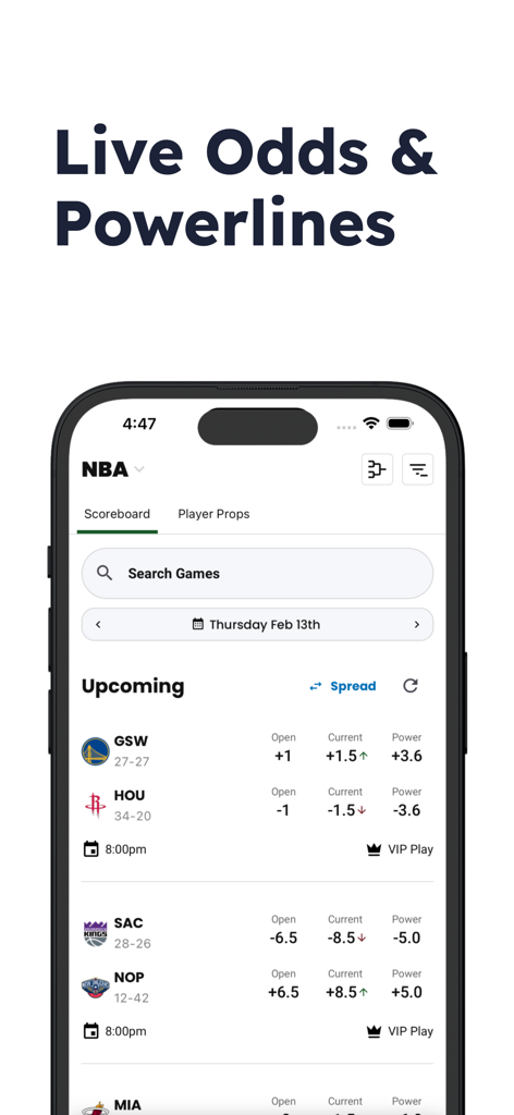 Line Prophet: Sports Betting - NBA live betting odds and AI powerlines shown on the Line Prophet mobile app interface