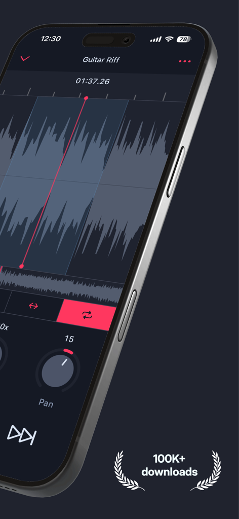 AudioTweak: Change Music Speed - Smartphone screen showing the AudioTweak app with an audio waveform and music playback controls.