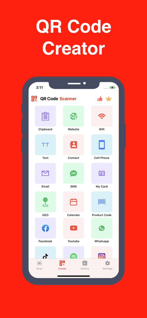 Interface of the QR Code Creator app showing options to generate QR codes for websites, WiFi, and social media.