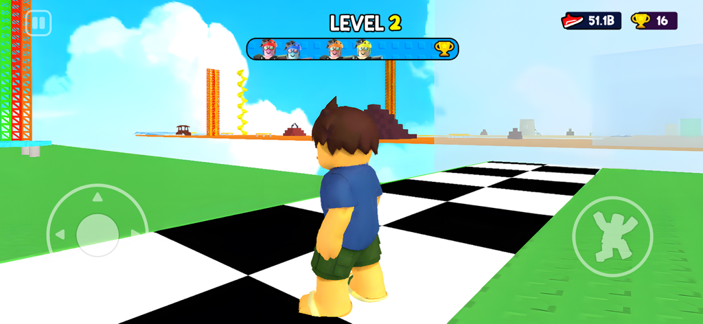 Tsunami Escape Run - Un personaje estilo Roblox en una plataforma a cuadros en el Nivel 2 de Tsunami Escape Run.