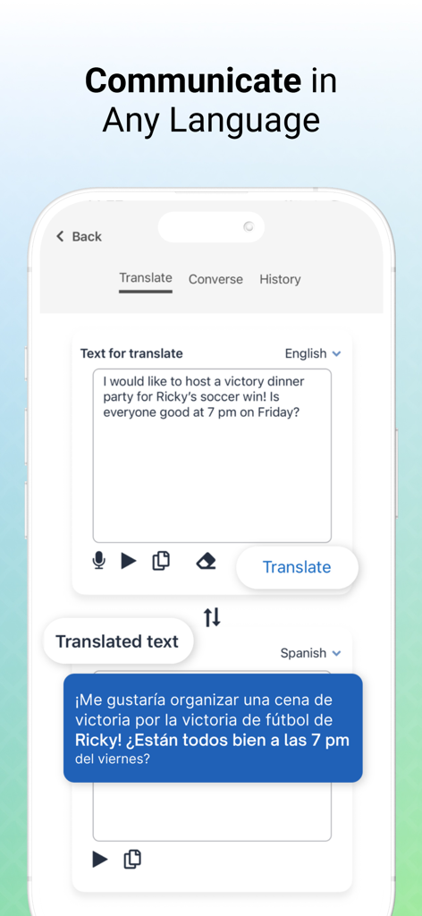 Podz app interface showing a group message being translated from English to Spanish