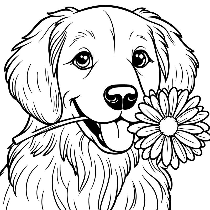 a golden retriever with a daisy in his mouth