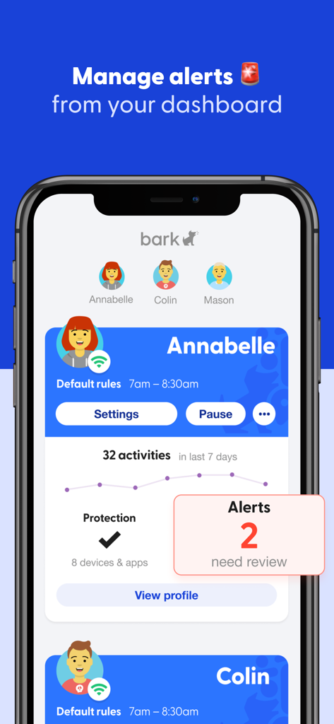 Bark parental control app dashboard displaying activity monitoring and safety alerts for multiple children.