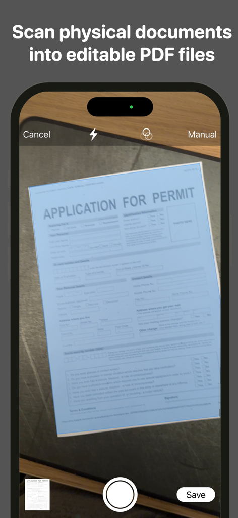 Interfaz de la cámara del iPhone en la aplicación FreePDF escaneando un formulario de solicitud en papel para crear un documento PDF editable.