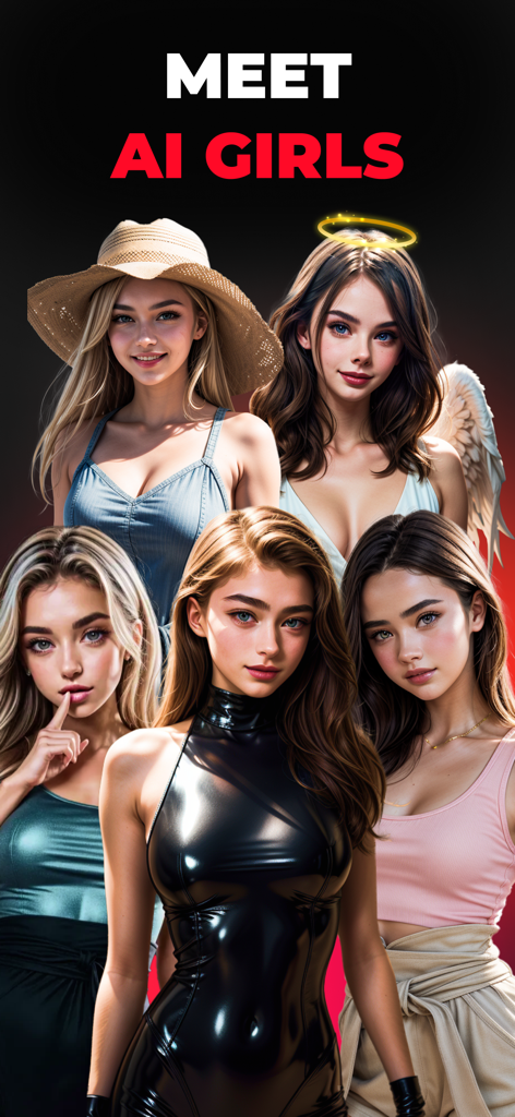 Flirtly - AI Girlfriend Chat - Un grupo de cinco mujeres generadas por IA que muestran la variedad de compañeras virtuales en Flirtly.