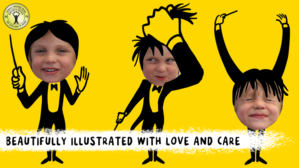 Three hand drawn tuxedo characters with live camera feeds of children faces on a yellow background