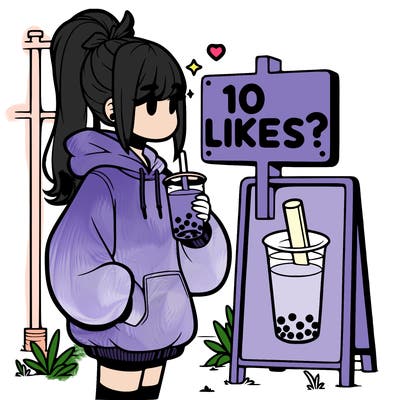 girl with oversized hoodie drinking boba and she has a high ponytail with a sign that says 10likes?