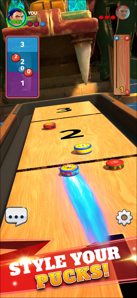 Discos personalizados de colores en una mesa de shuffleboard de madera durante una partida