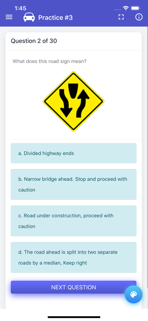 Quebec Class 5 Driving Test - Une question pratique à choix multiples de l'application Quebec Class 5 Driving Test montrant un panneau de signalisation d'autoroute divisée.