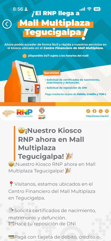 RNP MOVIL - Announcement of a new RNP kiosk in Mall Multiplaza Tegucigalpa for document services