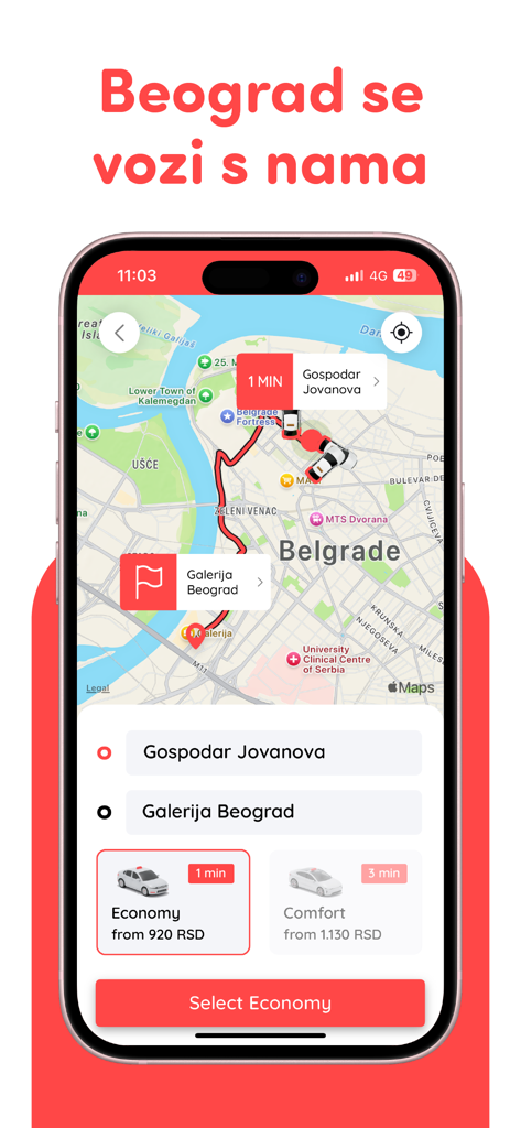 Rapid: Order a Ride - Interfaz de la aplicación Rapid que muestra una ruta de viaje en un mapa de Belgrado con selección de coche y precios