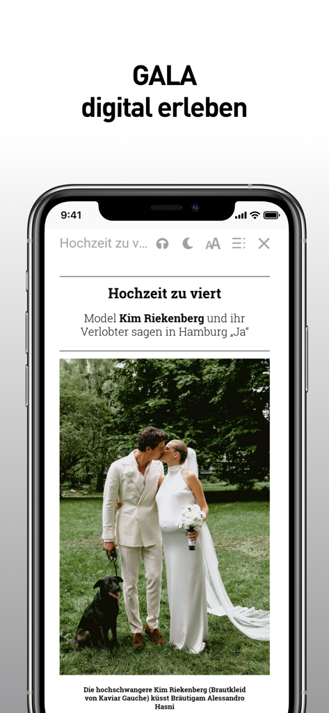 GALA Magazin - GALA Magazin App zeigt einen Lifestyle-Artikel über eine Promi-Hochzeit mit digitalen Leseoptionen.