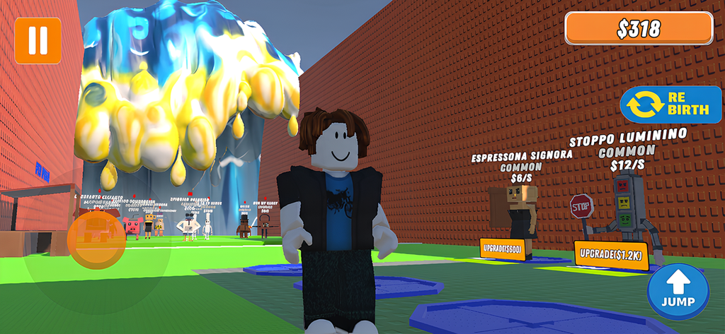 Escape Tsunami For Brainrots! - A blocky avatar character standing in front of a colorful giant wave with game UI