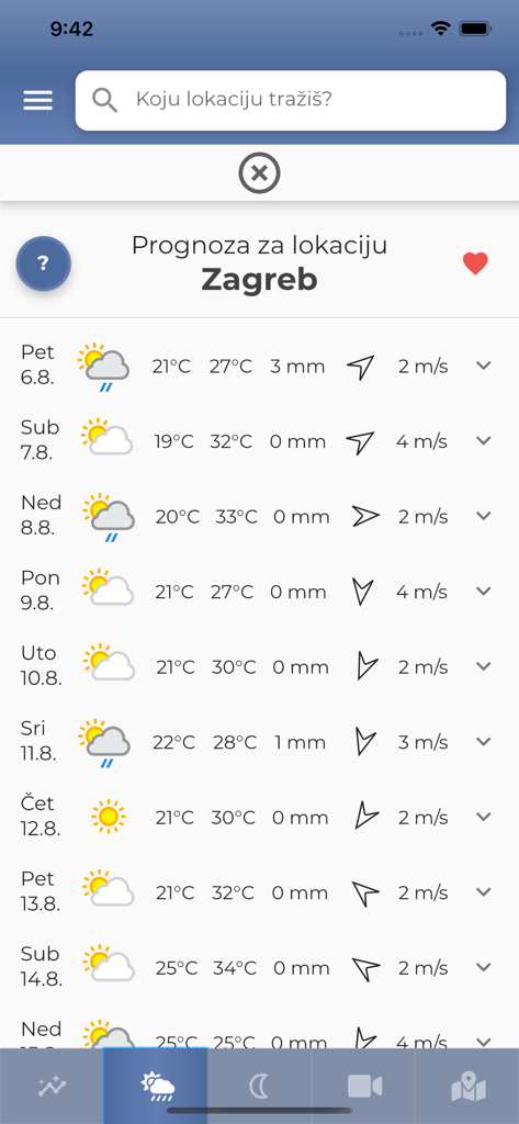 Neverin - Neverin app interface showing a detailed 10-day weather forecast for Zagreb including temperature and wind data