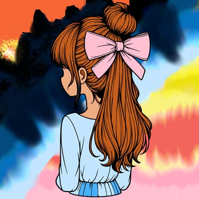 realistic girl  with hip length hair a bun and a big bow on the back of head