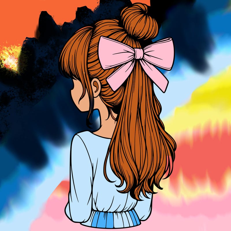 realistic girl  with hip length hair a bun and a big bow on the back of head