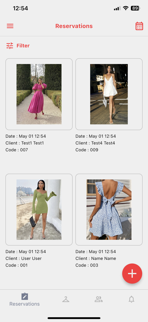 My Atelier Online - App screen showing a grid of boutique dress rental reservations with client details and dates
