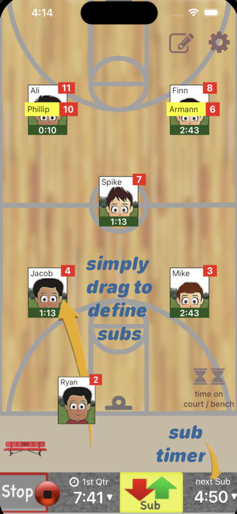 Who's On - Basketball - Basketball coach app interface for managing player rotations and substitutions on a digital court