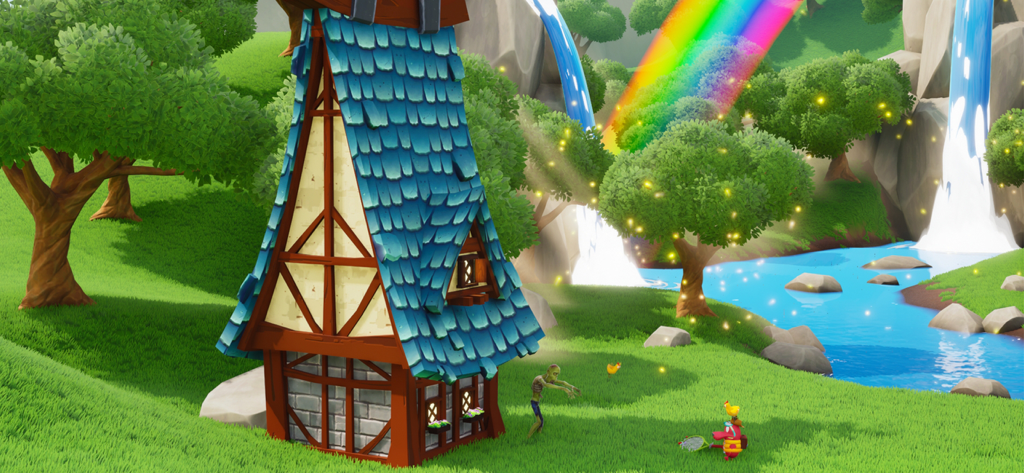 Um filhote corajoso enfrentando um zumbi em uma paisagem vibrante com um arco-íris e uma casa peculiar