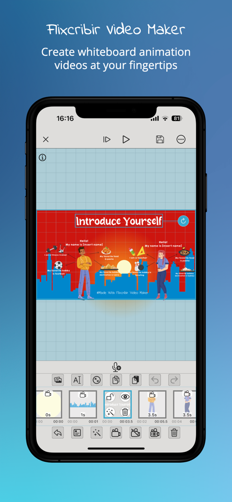 Flixcribir app interface for creating whiteboard animation videos on iPhone