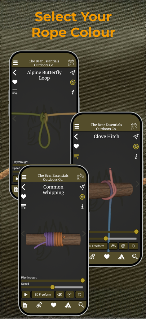 Knot IQ - The Bear Essentials - Mobile app screens showing 3D interactive knot models with customizable rope colors