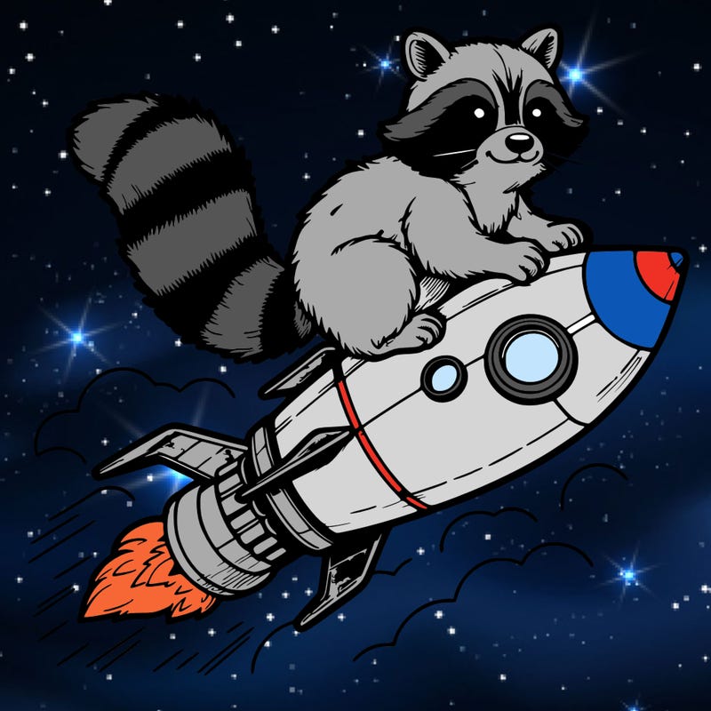 realistic raccoon flying on top rocket ship