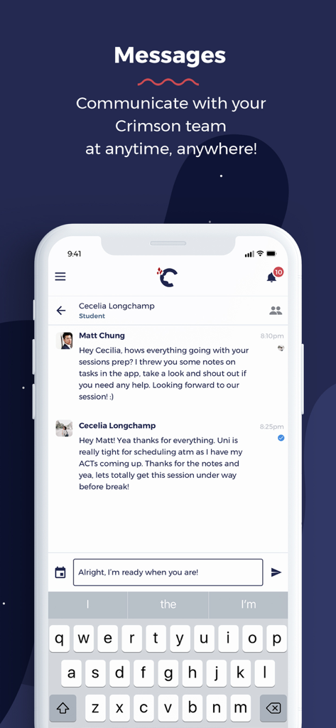 Crimson - A messaging interface showing a student communicating with their mentor in the Crimson app
