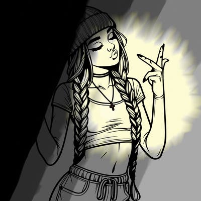 realistic teenage girl with braids and a beanie and crop top doing 🫶🏼
