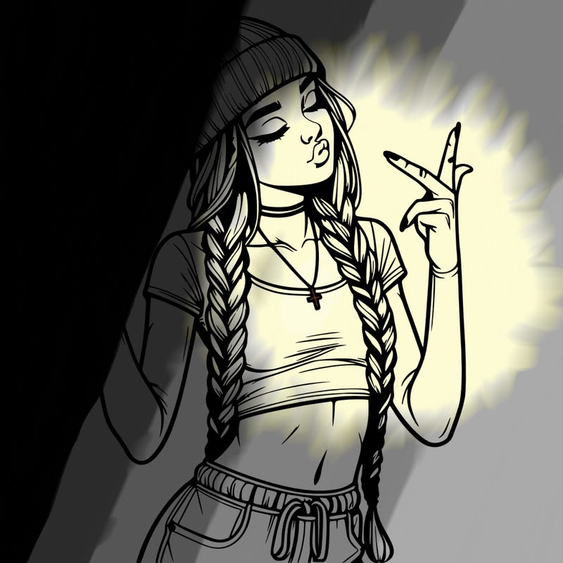 realistic teenage girl with braids and a beanie and crop top doing 🫶🏼